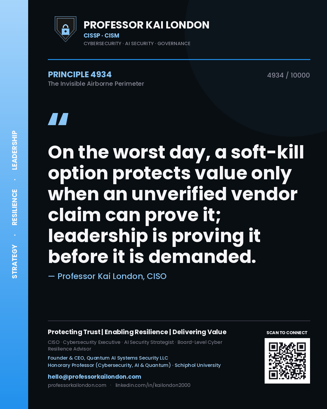 Professor Kai London principle 4934: On the worst day, a soft-kill option protects value only when an unverified vendor claim can prove it; leadership is proving it before it is demanded.