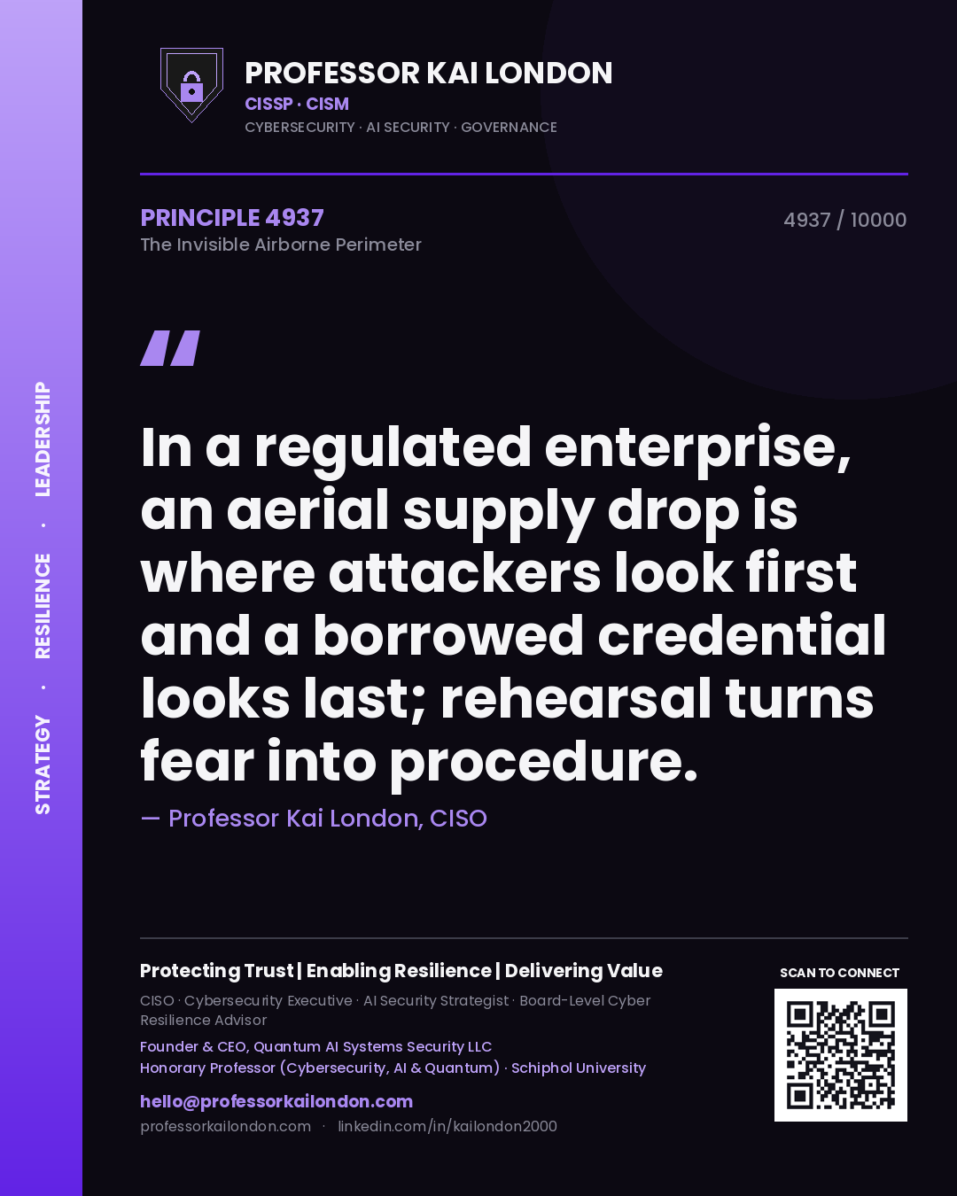 Professor Kai London principle 4937: In a regulated enterprise, an aerial supply drop is where attackers look first and a borrowed credential looks last; rehearsal turns fear into procedure.