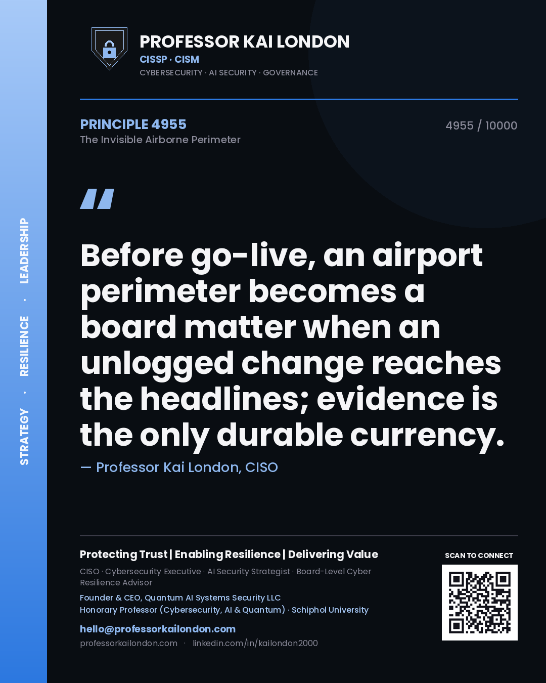 Professor Kai London principle 4955: Before go-live, an airport perimeter becomes a board matter when an unlogged change reaches the headlines; evidence is the only durable currency.