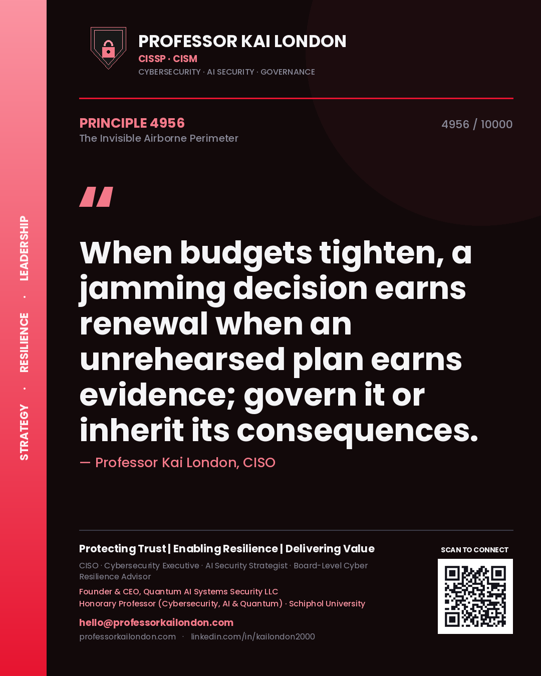 Quote card by Professor Kai London reading 'When budgets tighten, a jamming decision earns renewal when an unrehearsed plan earns evidence; govern it or inherit its consequences.'. From the book The Invisible Airborne Perimeter.