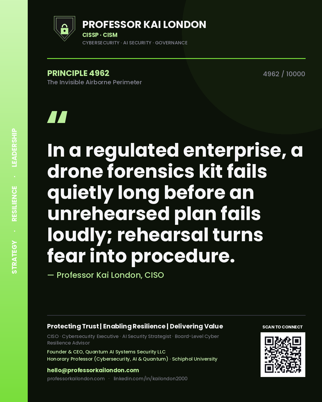 Professor Kai London principle 4962: In a regulated enterprise, a drone forensics kit fails quietly long before an unrehearsed plan fails loudly; rehearsal turns fear into procedure.
