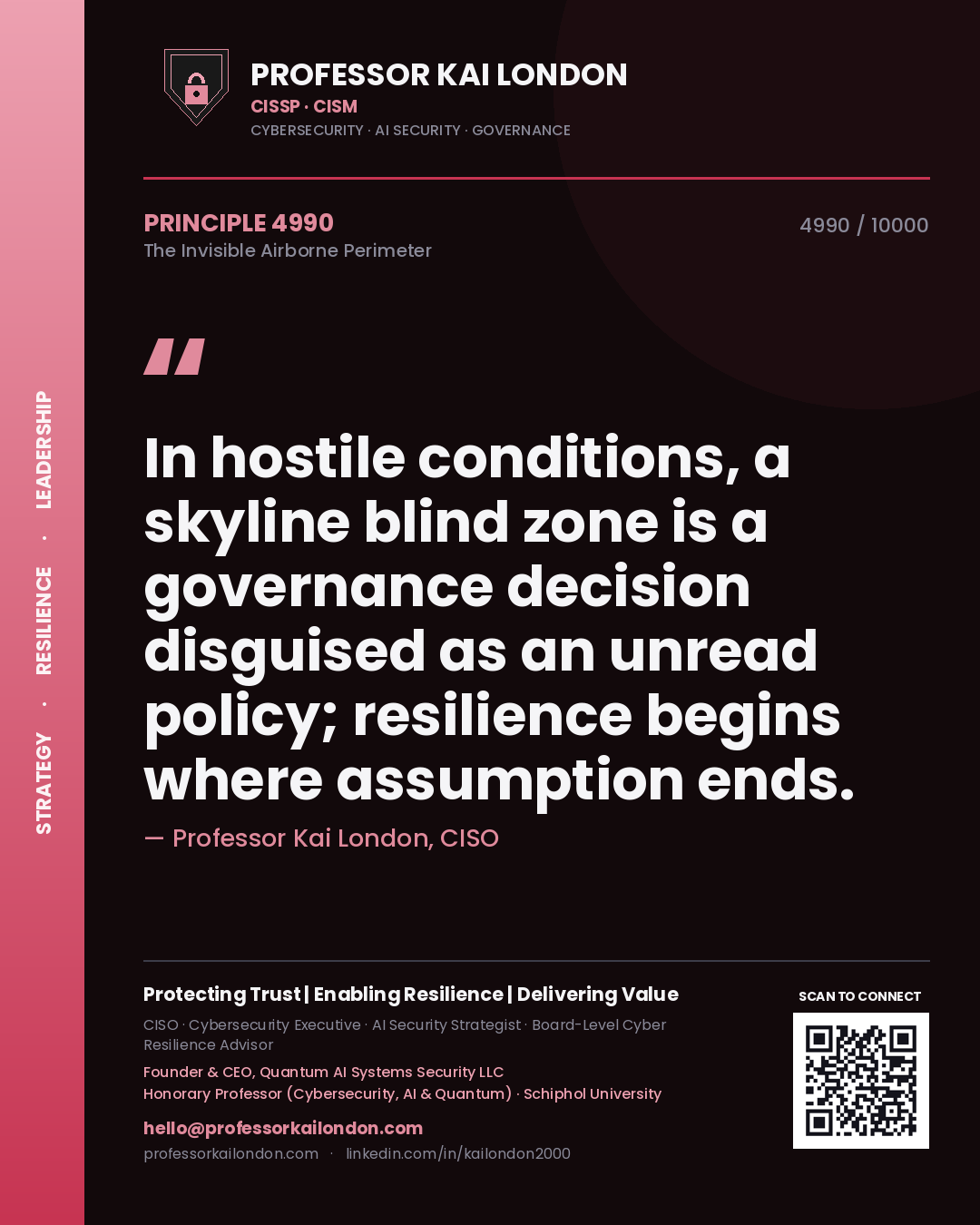 Quote card by Professor Kai London reading 'In hostile conditions, a skyline blind zone is a governance decision disguised as an unread policy; resilience begins where assumption ends.'. From the book The Invisible Airborne Perimeter.