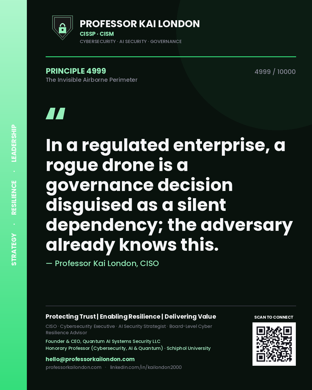 Quote card by Professor Kai London reading 'In a regulated enterprise, a rogue drone is a governance decision disguised as a silent dependency; the adversary already knows this.'. From the book The Invisible Airborne Perimeter.