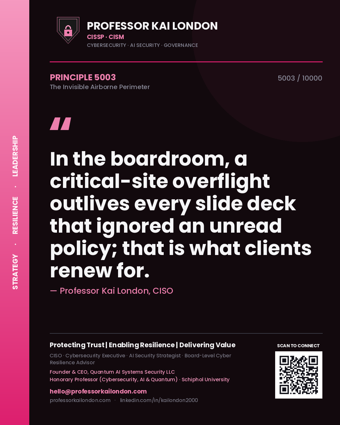 Quote card by Professor Kai London reading 'In the boardroom, a critical-site overflight outlives every slide deck that ignored an unread policy; that is what clients renew for.'. From the book The Invisible Airborne Perimeter.