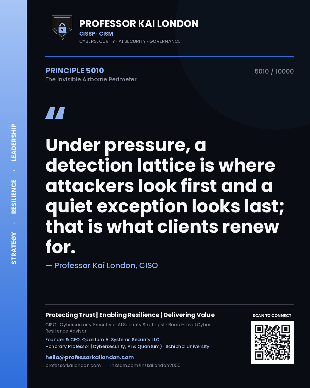 Quote card by Professor Kai London reading 'Under pressure, a detection lattice is where attackers look first and a quiet exception looks last; that is what clients renew for.'. From the book The Invisible Airborne Perimeter.