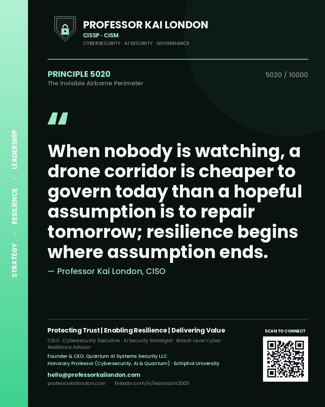 Quote card by Professor Kai London reading 'When nobody is watching, a drone corridor is cheaper to govern today than a hopeful assumption is to repair tomorrow; resilience begins where assumption ends.'. From the book The Invisible Airborne Perimeter.