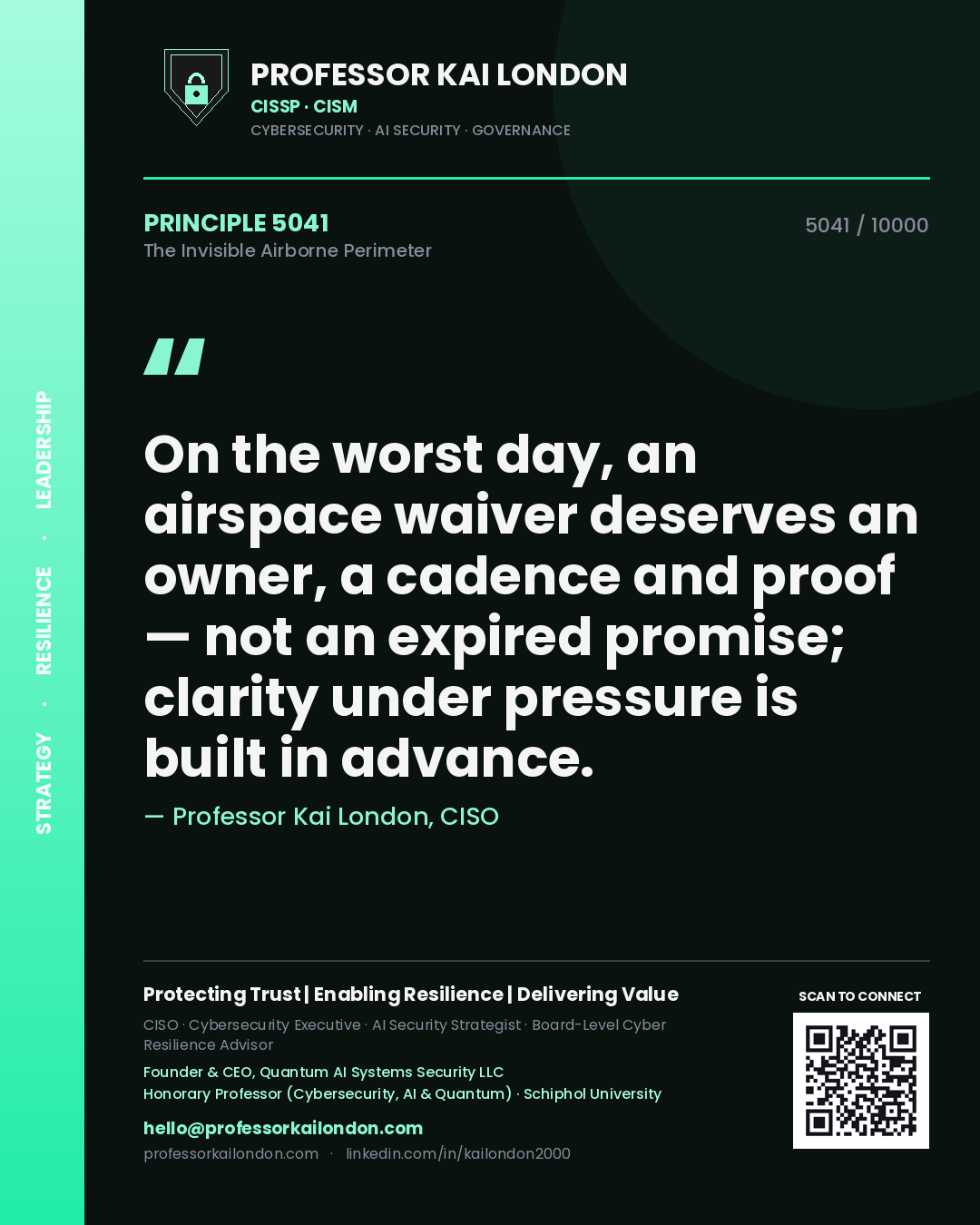 Quote card by Professor Kai London reading 'On the worst day, an airspace waiver deserves an owner, a cadence and proof — not an expired promise; clarity under pressure is built in advance.'. From the book The Invisible Airborne Perimeter.