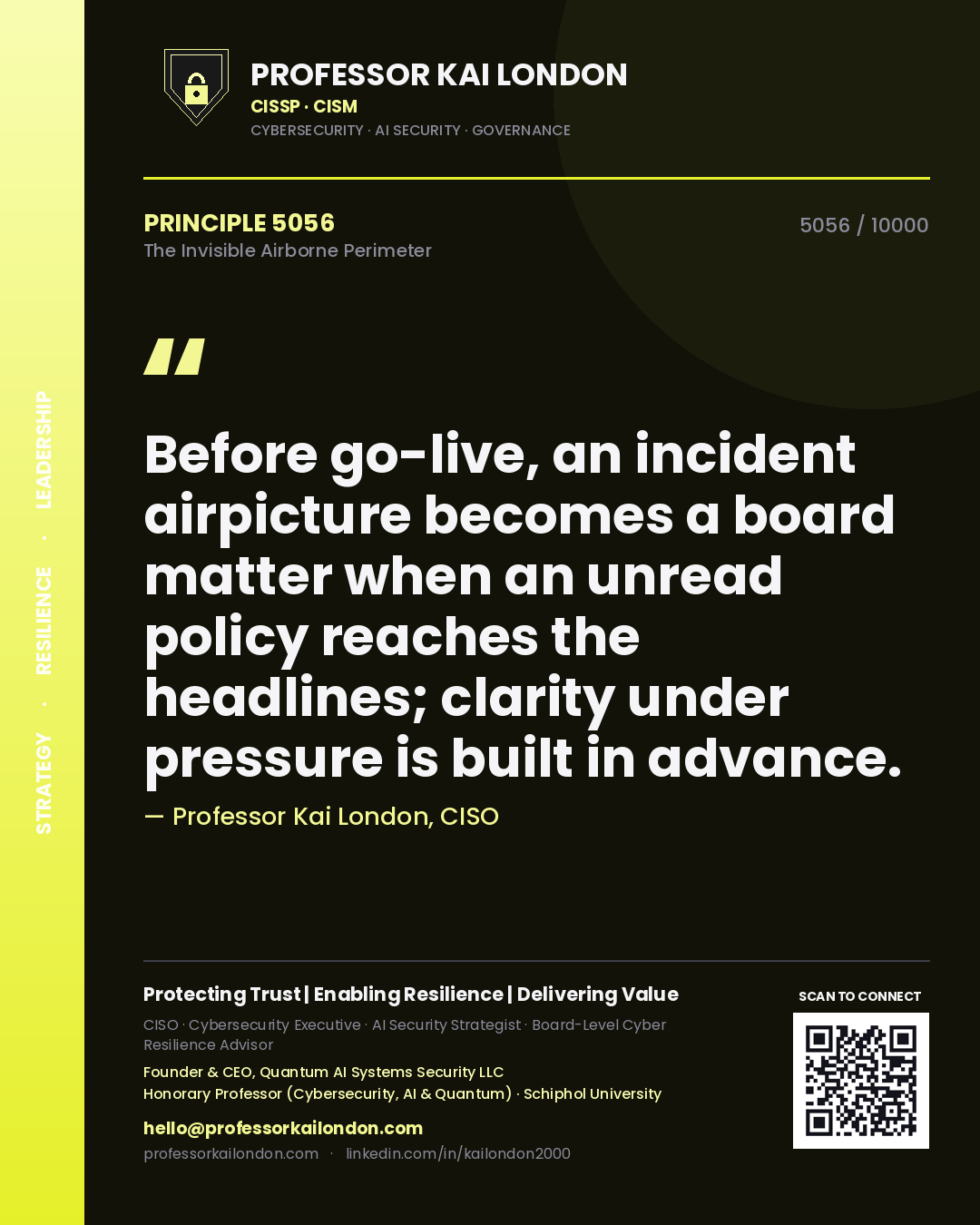 Quote card by Professor Kai London reading 'Before go-live, an incident airpicture becomes a board matter when an unread policy reaches the headlines; clarity under pressure is built in advance.'. From the book The Invisible Airborne Perimeter.