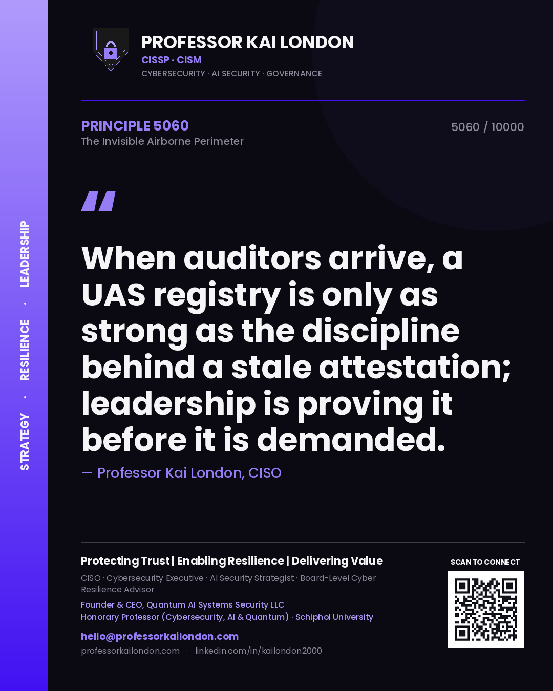 Quote card by Professor Kai London reading 'When auditors arrive, a UAS registry is only as strong as the discipline behind a stale attestation; leadership is proving it before it is demanded.'. From the book The Invisible Airborne Perimeter.