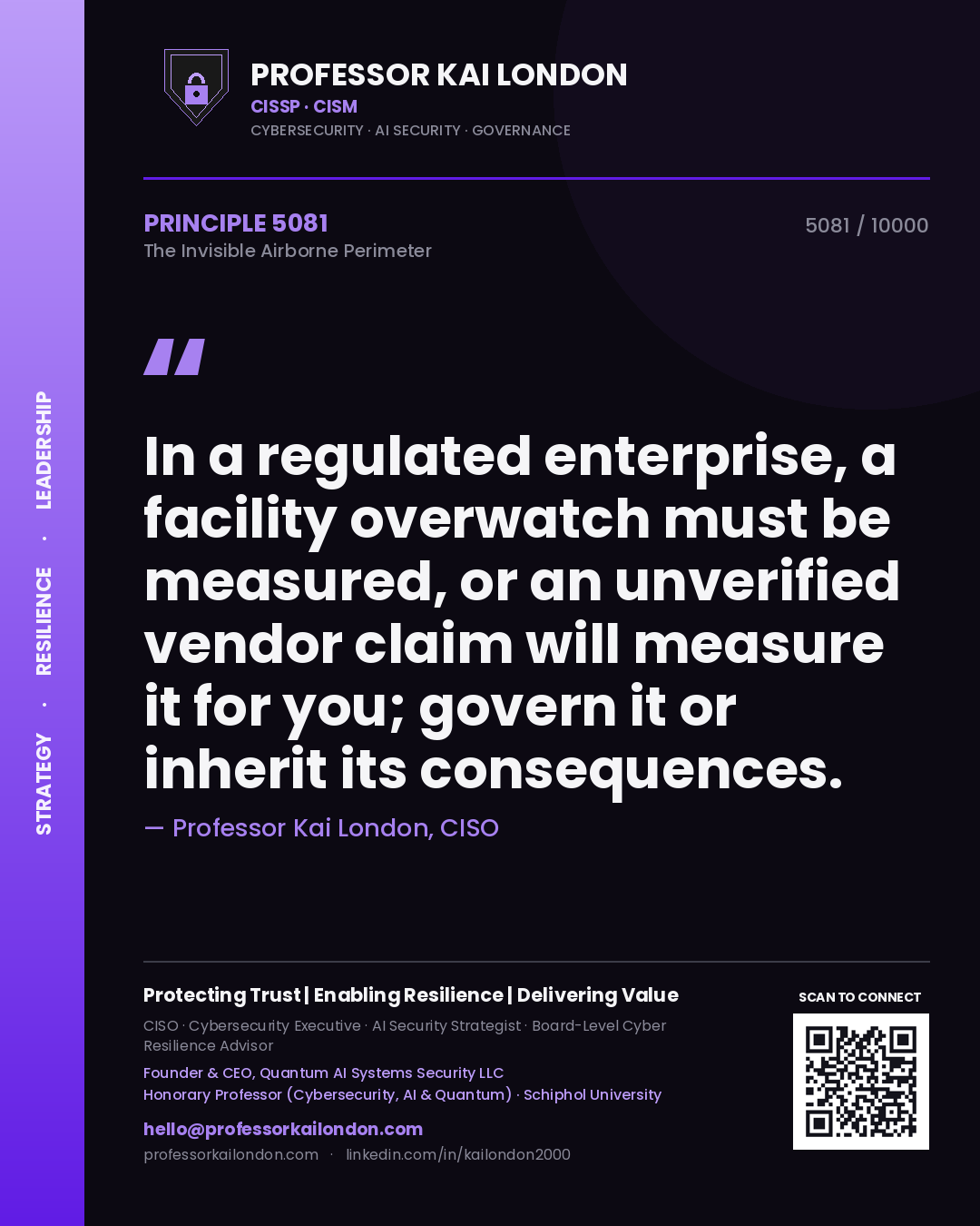 Quote card by Professor Kai London reading 'In a regulated enterprise, a facility overwatch must be measured, or an unverified vendor claim will measure it for you; govern it or inherit its consequences.'. From the book The Invisible Airborne Perimeter.
