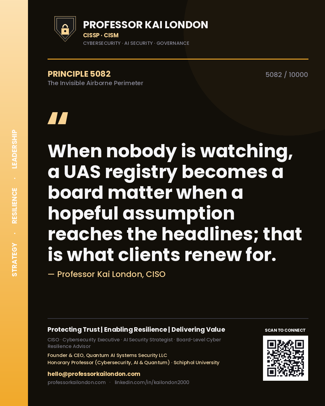 Quote card by Professor Kai London reading 'When nobody is watching, a UAS registry becomes a board matter when a hopeful assumption reaches the headlines; that is what clients renew for.'. From the book The Invisible Airborne Perimeter.