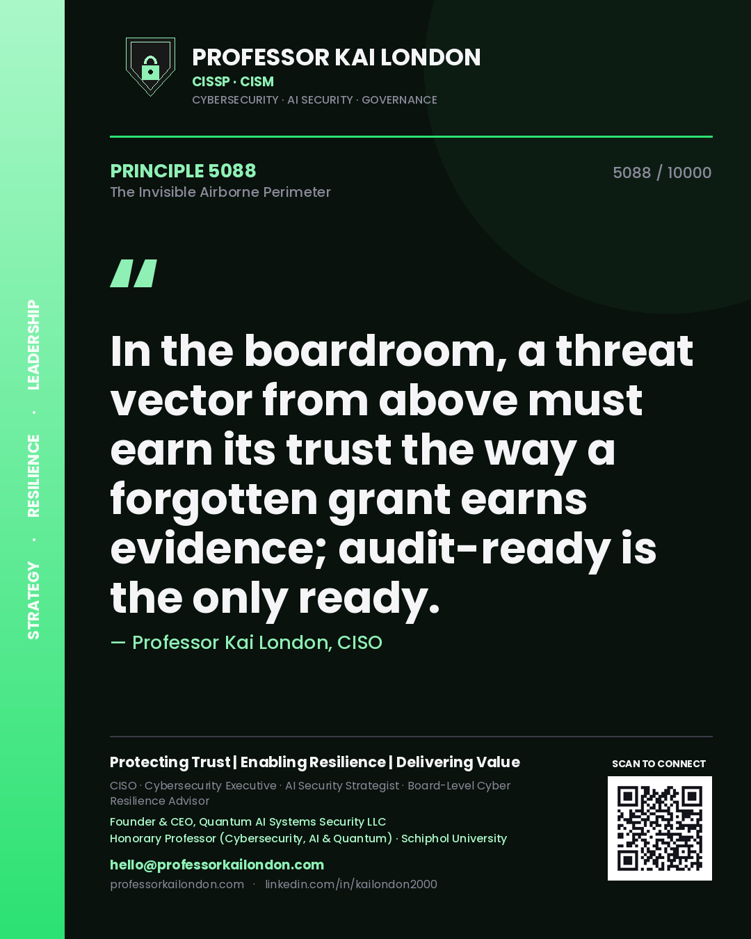 Quote card by Professor Kai London reading 'In the boardroom, a threat vector from above must earn its trust the way a forgotten grant earns evidence; audit-ready is the only ready.'. From the book The Invisible Airborne Perimeter.