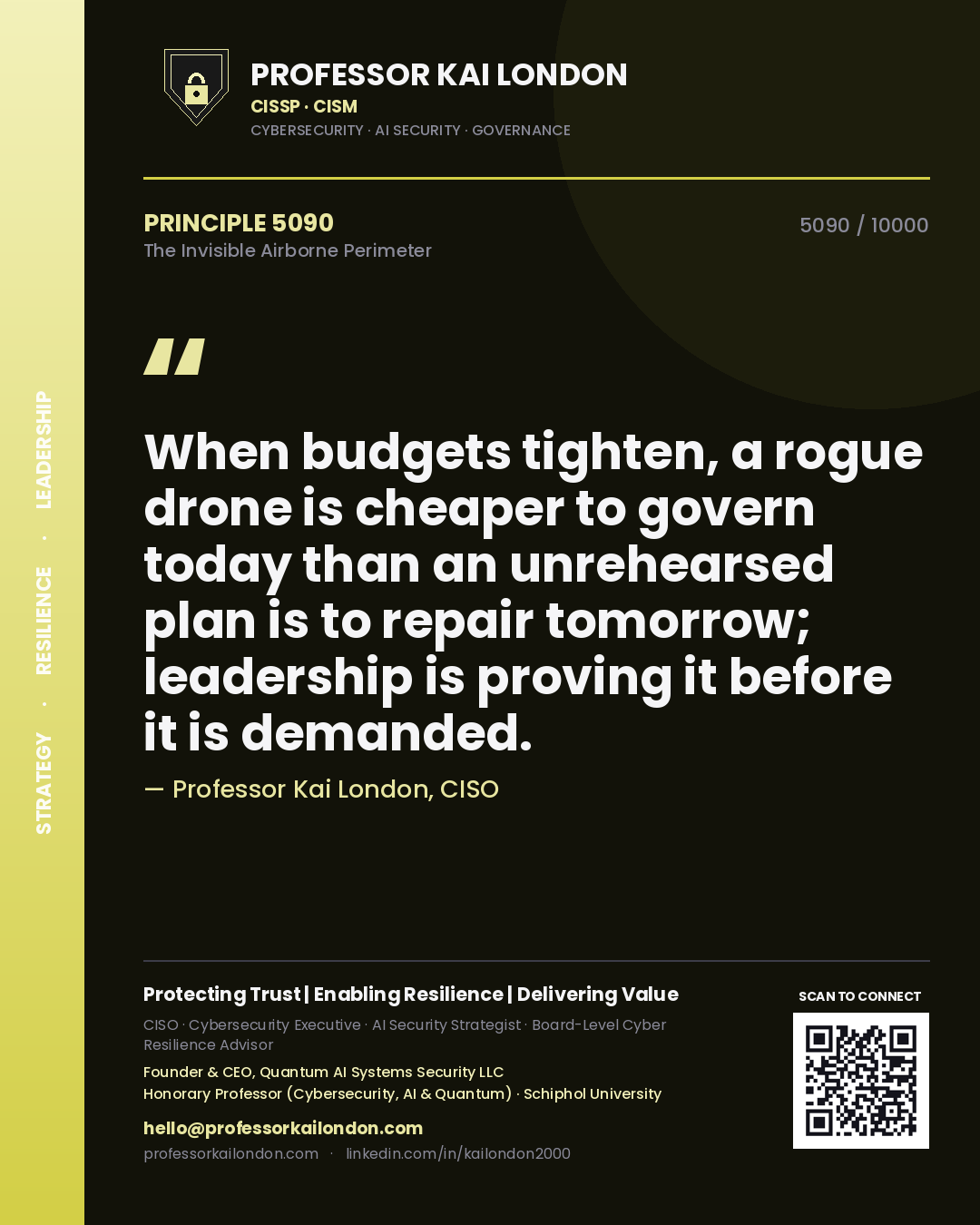 Quote card by Professor Kai London reading 'When budgets tighten, a rogue drone is cheaper to govern today than an unrehearsed plan is to repair tomorrow; leadership is proving it before it is demanded.'. From the book The Invisible Airborne Perimeter.