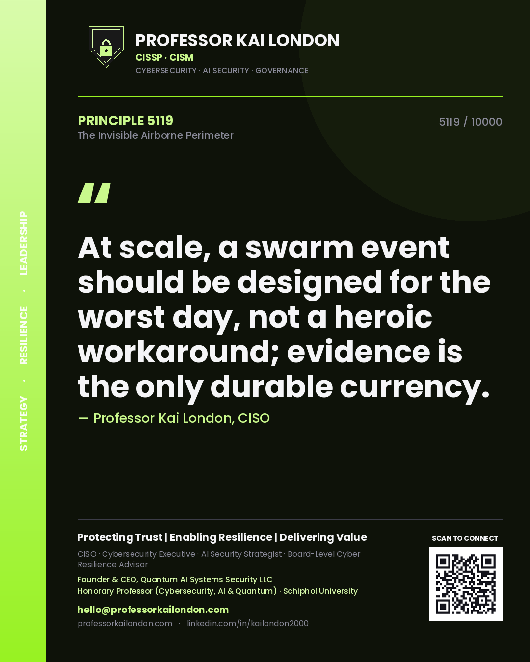 Professor Kai London principle 5119: At scale, a swarm event should be designed for the worst day, not a heroic workaround; evidence is the only durable currency.