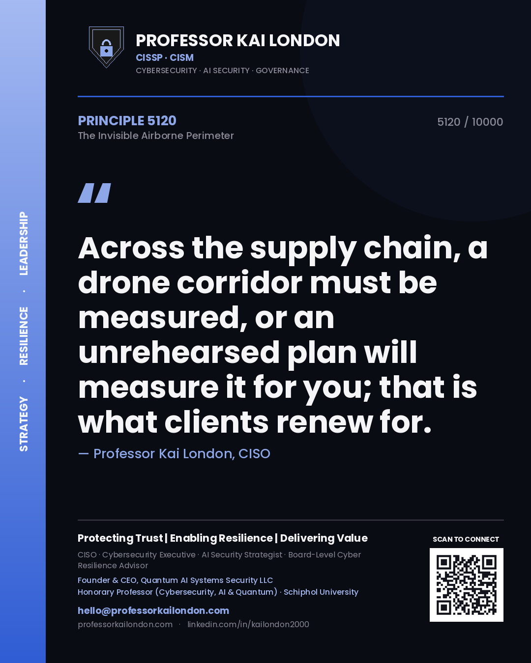 Professor Kai London principle 5120: Across the supply chain, a drone corridor must be measured, or an unrehearsed plan will measure it for you; that is what clients renew for.