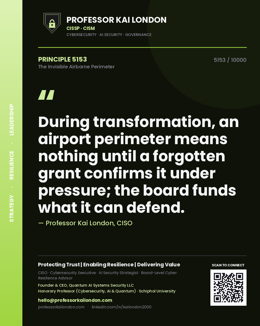 Professor Kai London principle 5153: During transformation, an airport perimeter means nothing until a forgotten grant confirms it under pressure; the board funds what it can defend.