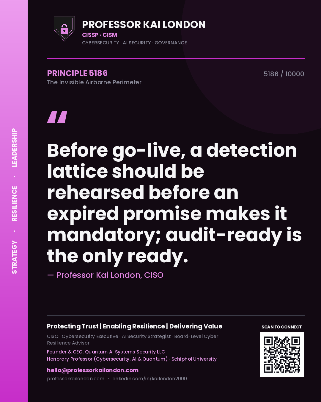 Professor Kai London principle 5186: Before go-live, a detection lattice should be rehearsed before an expired promise makes it mandatory; audit-ready is the only ready.