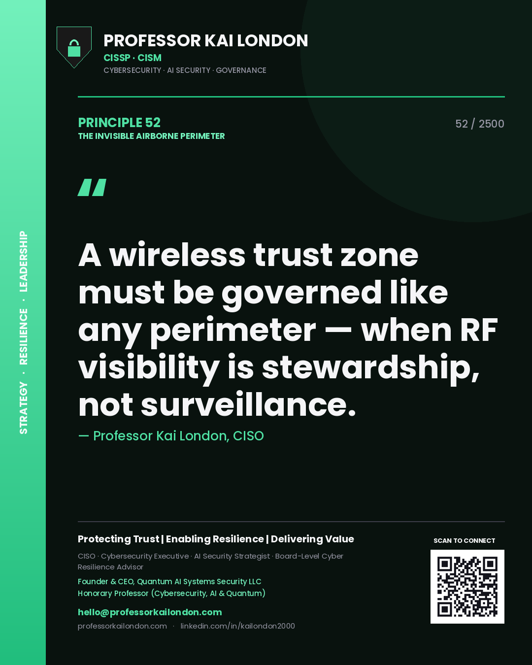 Quote card by Professor Kai London reading 'A wireless trust zone must be governed like any perimeter — when RF visibility is stewardship, not surveillance.'. From the book The Invisible Airborne Perimeter.