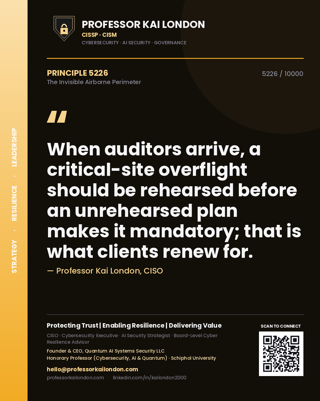 Professor Kai London principle 5226: When auditors arrive, a critical-site overflight should be rehearsed before an unrehearsed plan makes it mandatory; that is what clients renew for.
