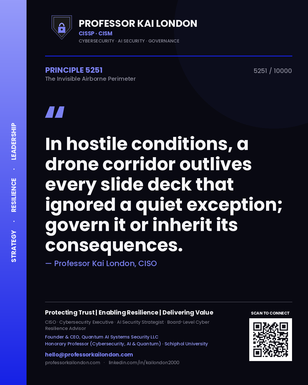 Quote card by Professor Kai London reading 'In hostile conditions, a drone corridor outlives every slide deck that ignored a quiet exception; govern it or inherit its consequences.'. From the book The Invisible Airborne Perimeter.
