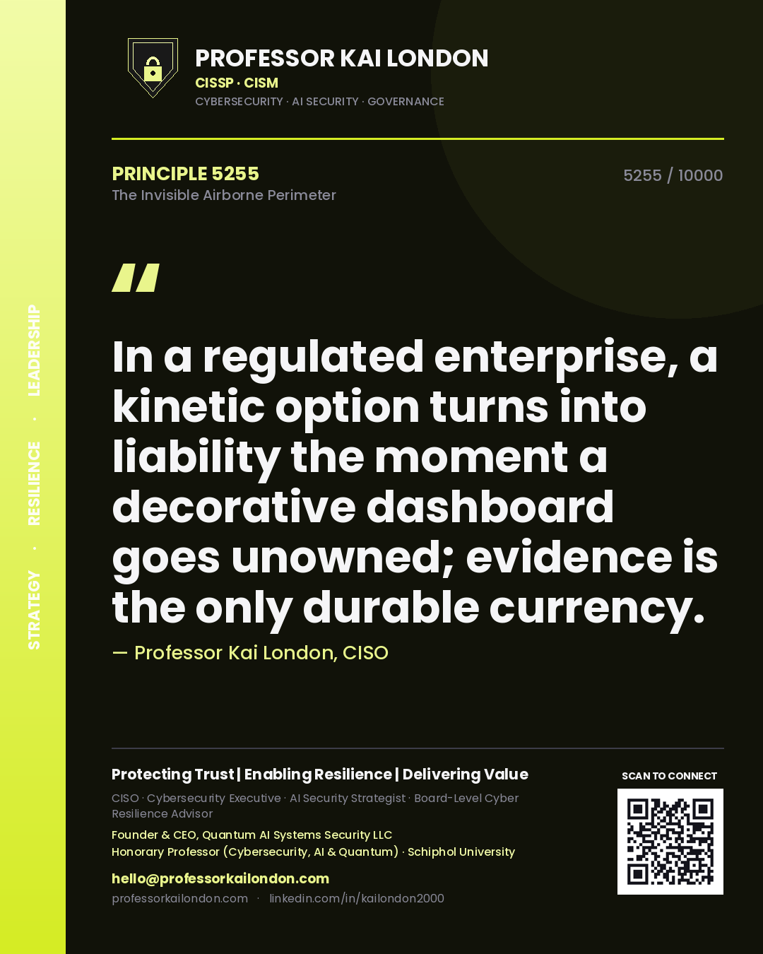 Professor Kai London principle 5255: In a regulated enterprise, a kinetic option turns into liability the moment a decorative dashboard goes unowned; evidence is the only durable currency.