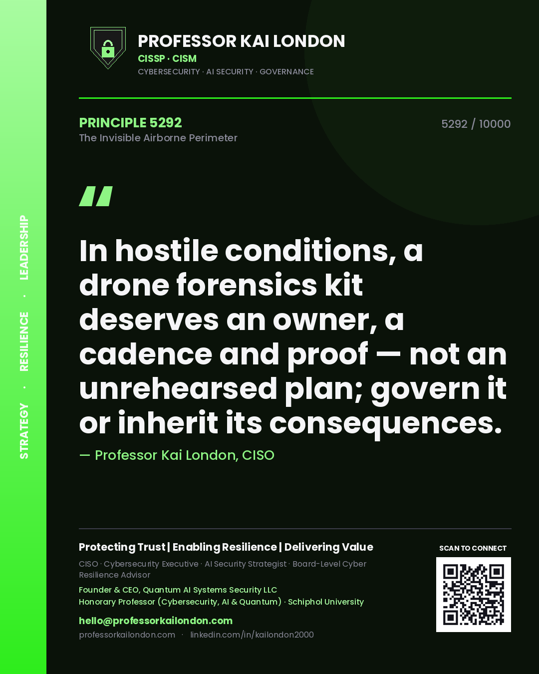 Quote card by Professor Kai London reading 'In hostile conditions, a drone forensics kit deserves an owner, a cadence and proof — not an unrehearsed plan; govern it or inherit its consequences.'. From the book The Invisible Airborne Perimeter.