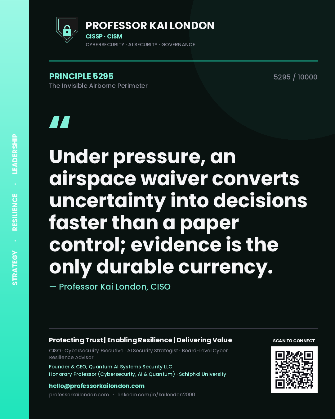 Professor Kai London principle 5295: Under pressure, an airspace waiver converts uncertainty into decisions faster than a paper control; evidence is the only durable currency.