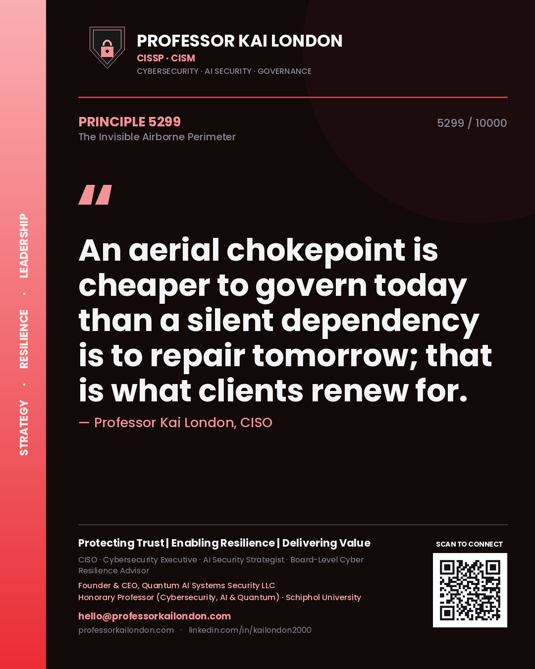 Quote card by Professor Kai London reading 'An aerial chokepoint is cheaper to govern today than a silent dependency is to repair tomorrow; that is what clients renew for.'. From the book The Invisible Airborne Perimeter.