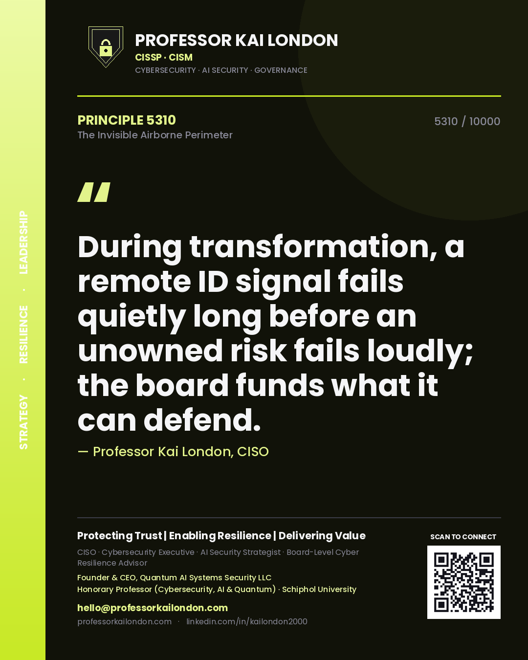 Quote card by Professor Kai London reading 'During transformation, a remote ID signal fails quietly long before an unowned risk fails loudly; the board funds what it can defend.'. From the book The Invisible Airborne Perimeter.