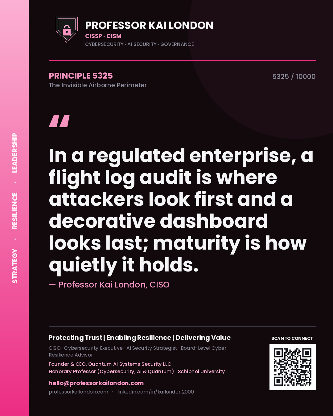 Quote card by Professor Kai London reading 'In a regulated enterprise, a flight log audit is where attackers look first and a decorative dashboard looks last; maturity is how quietly it holds.'. From the book The Invisible Airborne Perimeter.