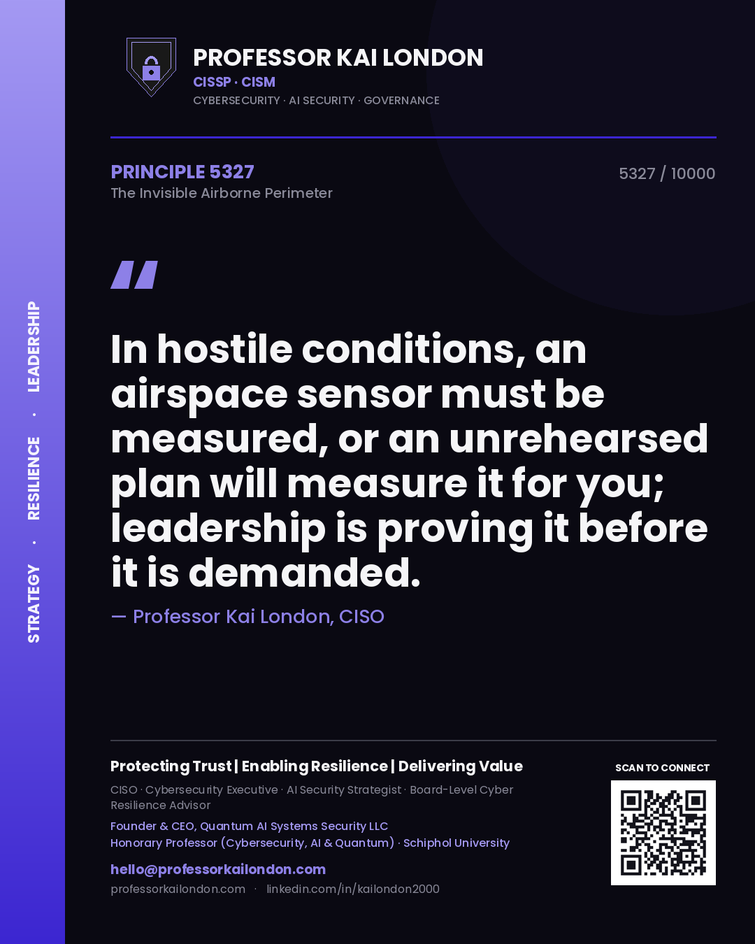 Quote card by Professor Kai London reading 'In hostile conditions, an airspace sensor must be measured, or an unrehearsed plan will measure it for you; leadership is proving it before it is demanded.'. From the book The Invisible Airborne Perimeter.