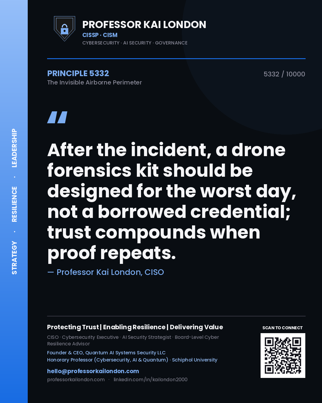 Quote card by Professor Kai London reading 'After the incident, a drone forensics kit should be designed for the worst day, not a borrowed credential; trust compounds when proof repeats.'. From the book The Invisible Airborne Perimeter.