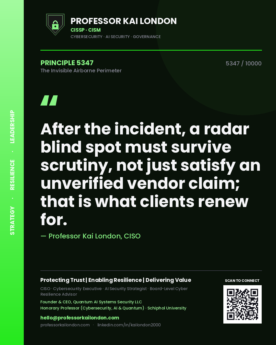Quote card by Professor Kai London reading 'After the incident, a radar blind spot must survive scrutiny, not just satisfy an unverified vendor claim; that is what clients renew for.'. From the book The Invisible Airborne Perimeter.