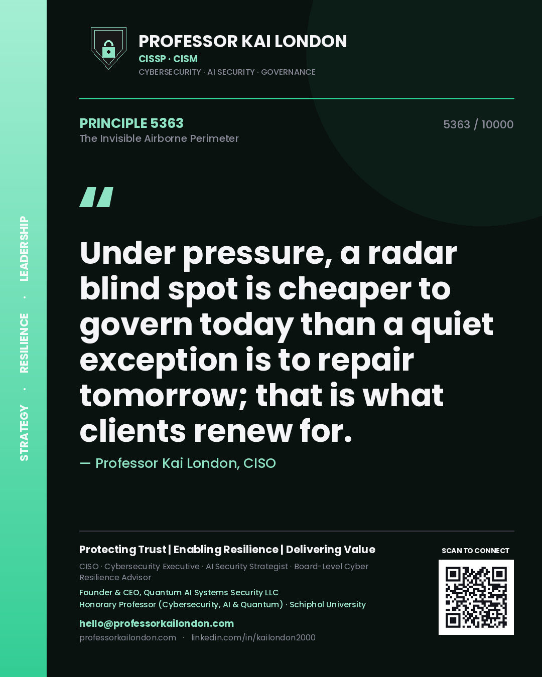 Quote card by Professor Kai London reading 'Under pressure, a radar blind spot is cheaper to govern today than a quiet exception is to repair tomorrow; that is what clients renew for.'. From the book The Invisible Airborne Perimeter.