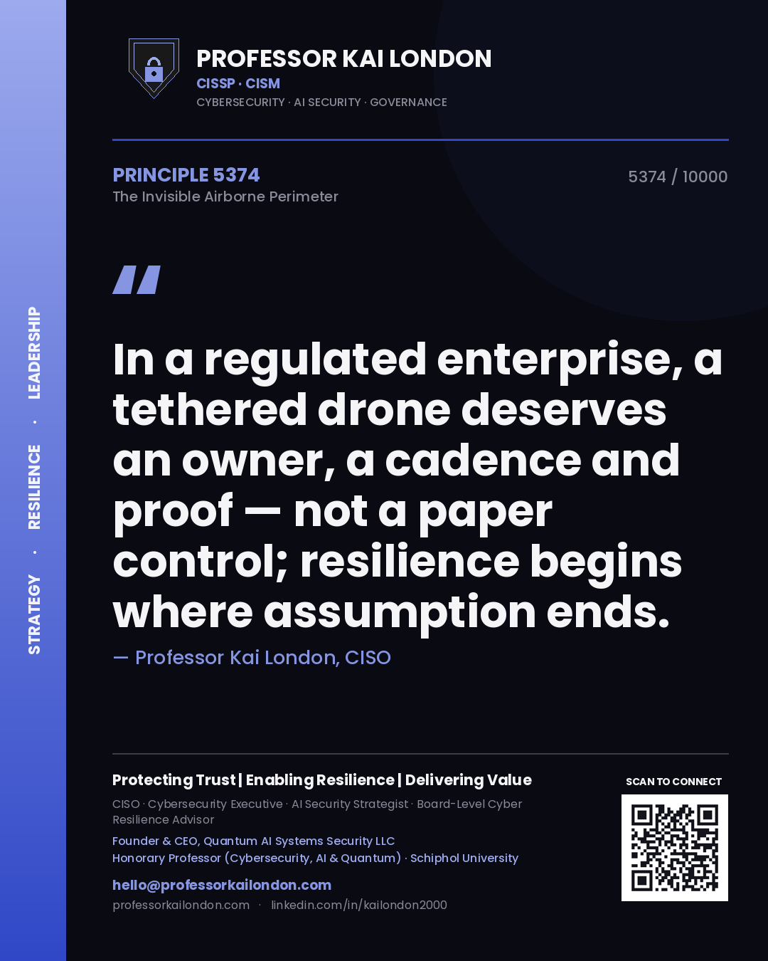 Quote card by Professor Kai London reading 'In a regulated enterprise, a tethered drone deserves an owner, a cadence and proof — not a paper control; resilience begins where assumption ends.'. From the book The Invisible Airborne Perimeter.