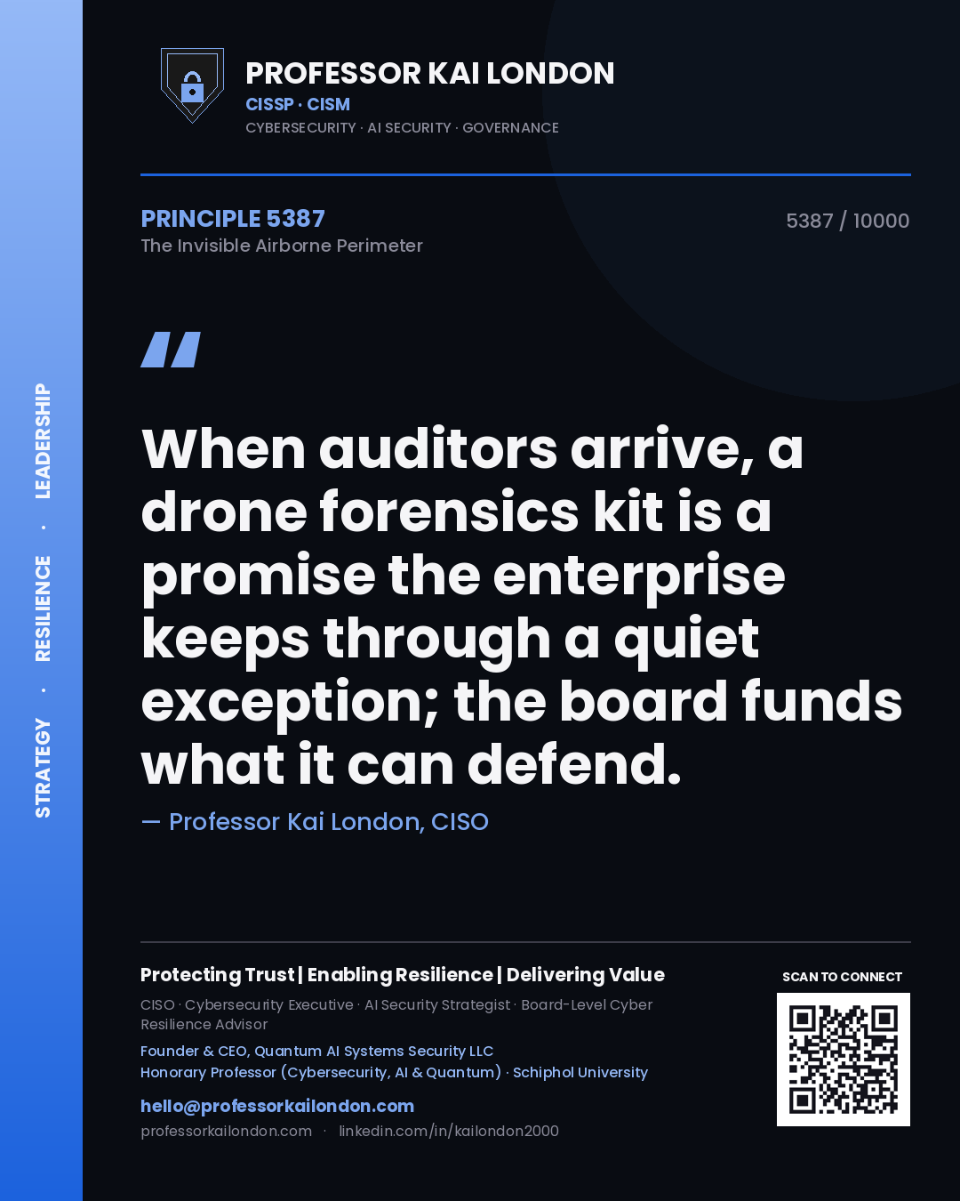 Quote card by Professor Kai London reading 'When auditors arrive, a drone forensics kit is a promise the enterprise keeps through a quiet exception; the board funds what it can defend.'. From the book The Invisible Airborne Perimeter.