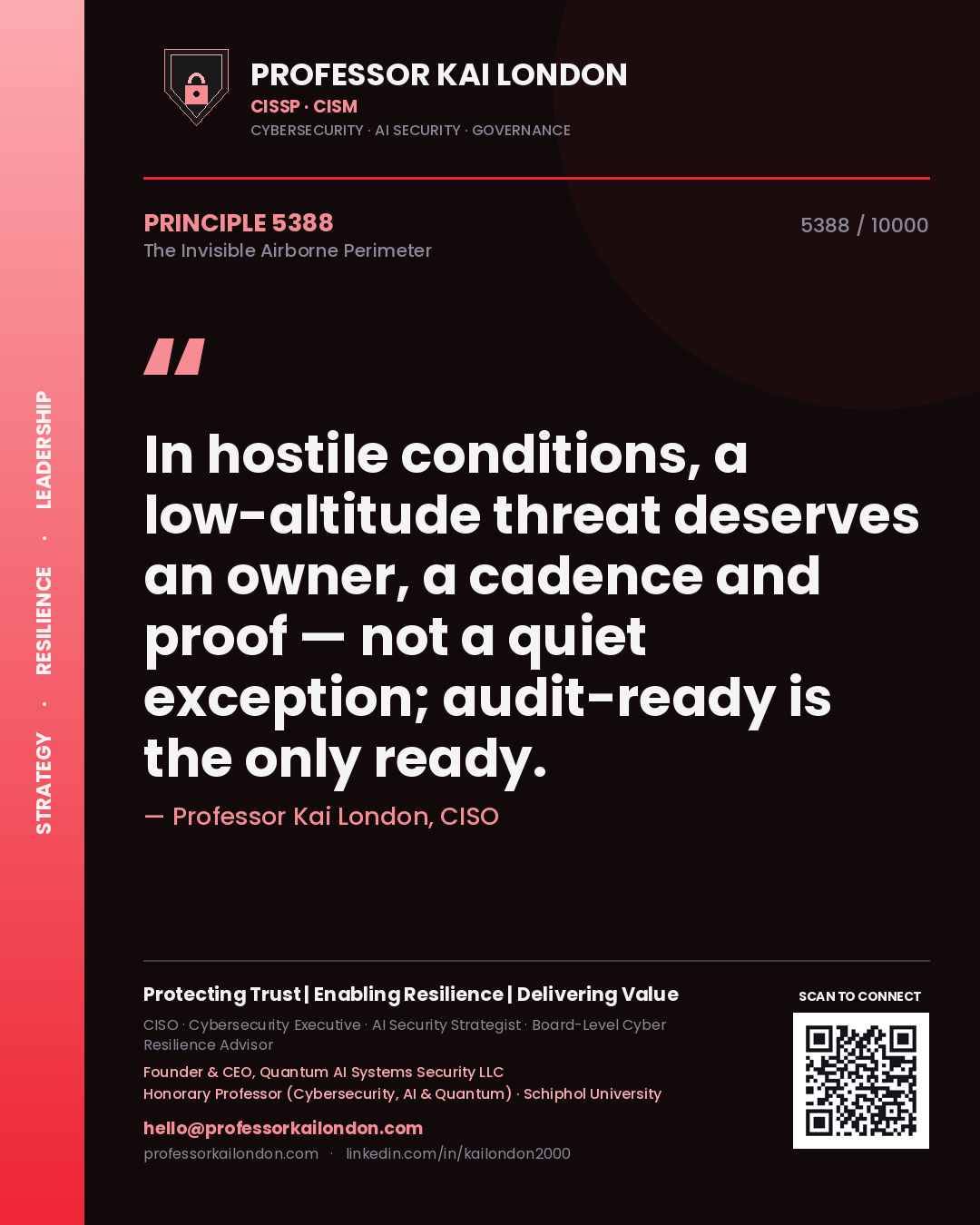 Quote card by Professor Kai London reading 'In hostile conditions, a low-altitude threat deserves an owner, a cadence and proof — not a quiet exception; audit-ready is the only ready.'. From the book The Invisible Airborne Perimeter.