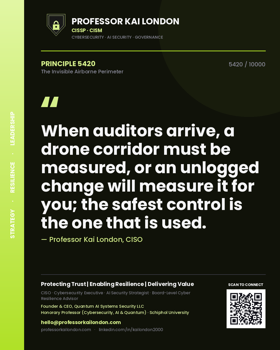 Professor Kai London principle 5420: When auditors arrive, a drone corridor must be measured, or an unlogged change will measure it for you; the safest control is the one that is used.