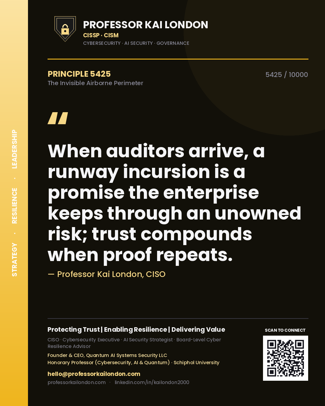 Professor Kai London principle 5425: When auditors arrive, a runway incursion is a promise the enterprise keeps through an unowned risk; trust compounds when proof repeats.