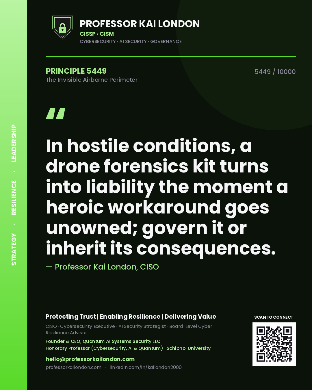 Professor Kai London principle 5449: In hostile conditions, a drone forensics kit turns into liability the moment a heroic workaround goes unowned; govern it or inherit its consequences.