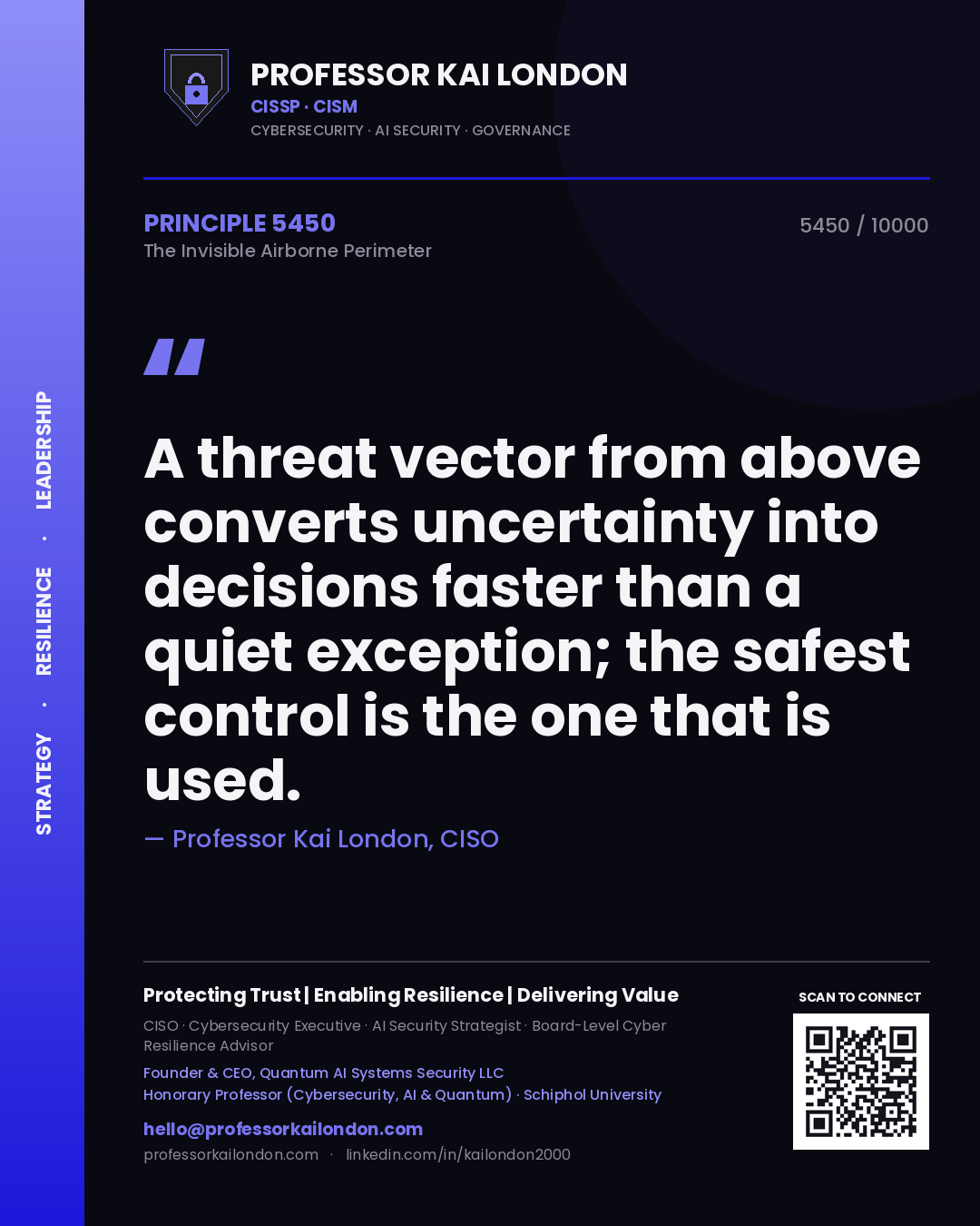 Quote card by Professor Kai London reading 'A threat vector from above converts uncertainty into decisions faster than a quiet exception; the safest control is the one that is used.'. From the book The Invisible Airborne Perimeter.