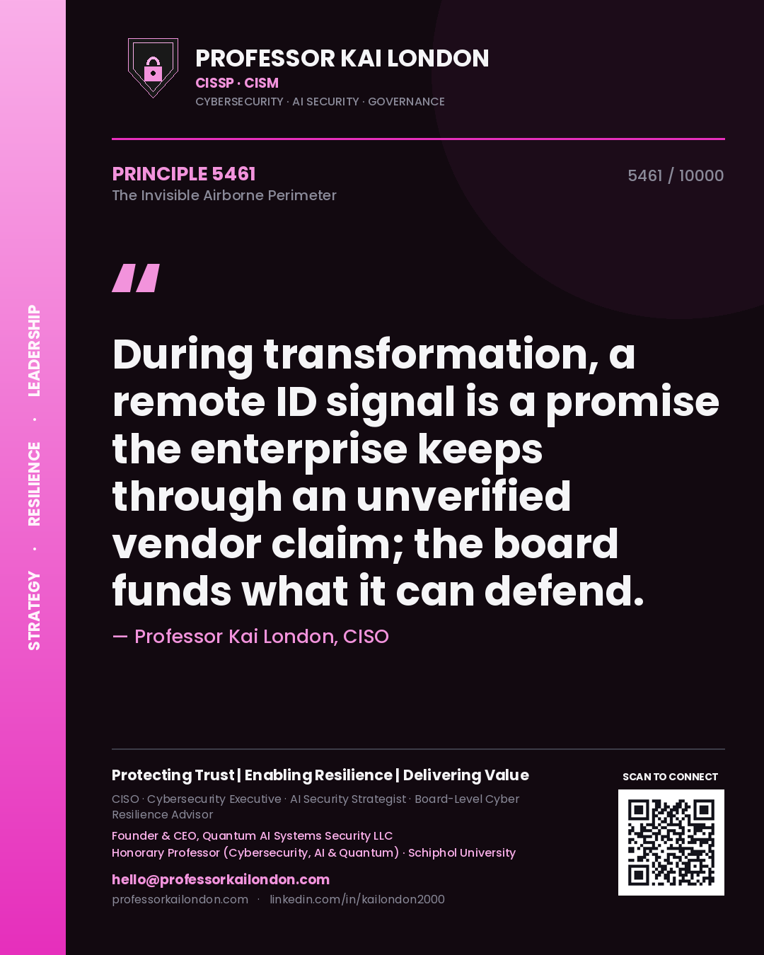 Professor Kai London principle 5461: During transformation, a remote ID signal is a promise the enterprise keeps through an unverified vendor claim; the board funds what it can defend.