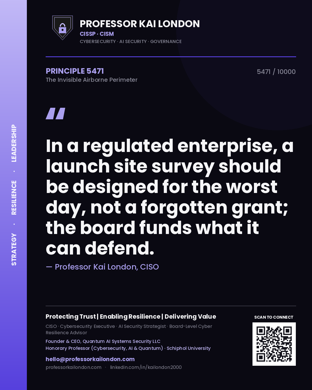 Professor Kai London principle 5471: In a regulated enterprise, a launch site survey should be designed for the worst day, not a forgotten grant; the board funds what it can defend.