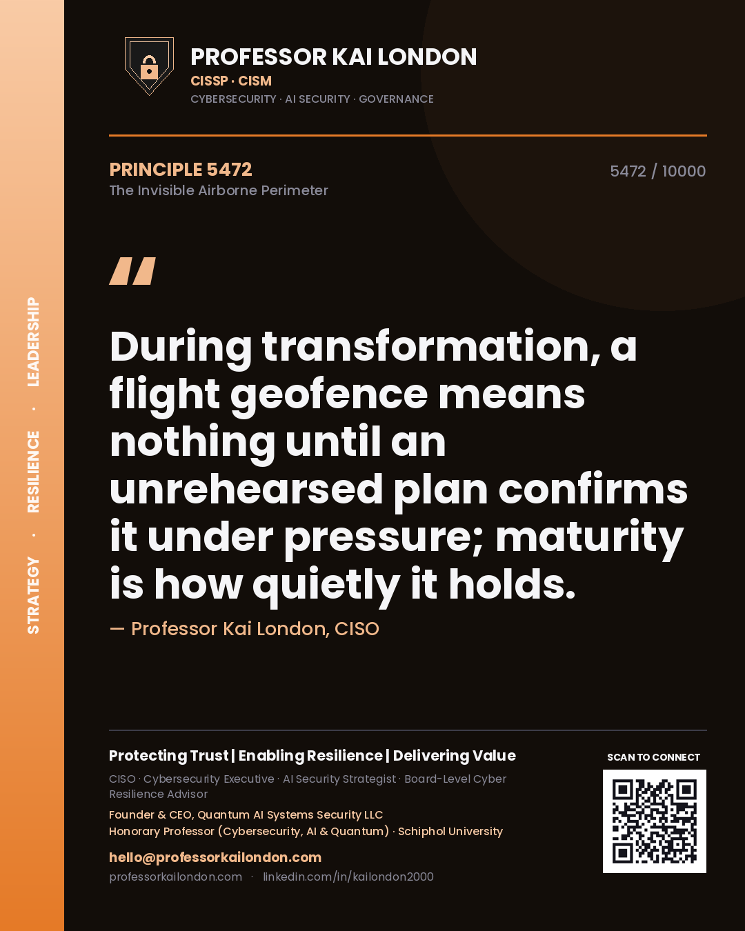 Quote card by Professor Kai London reading 'During transformation, a flight geofence means nothing until an unrehearsed plan confirms it under pressure; maturity is how quietly it holds.'. From the book The Invisible Airborne Perimeter.