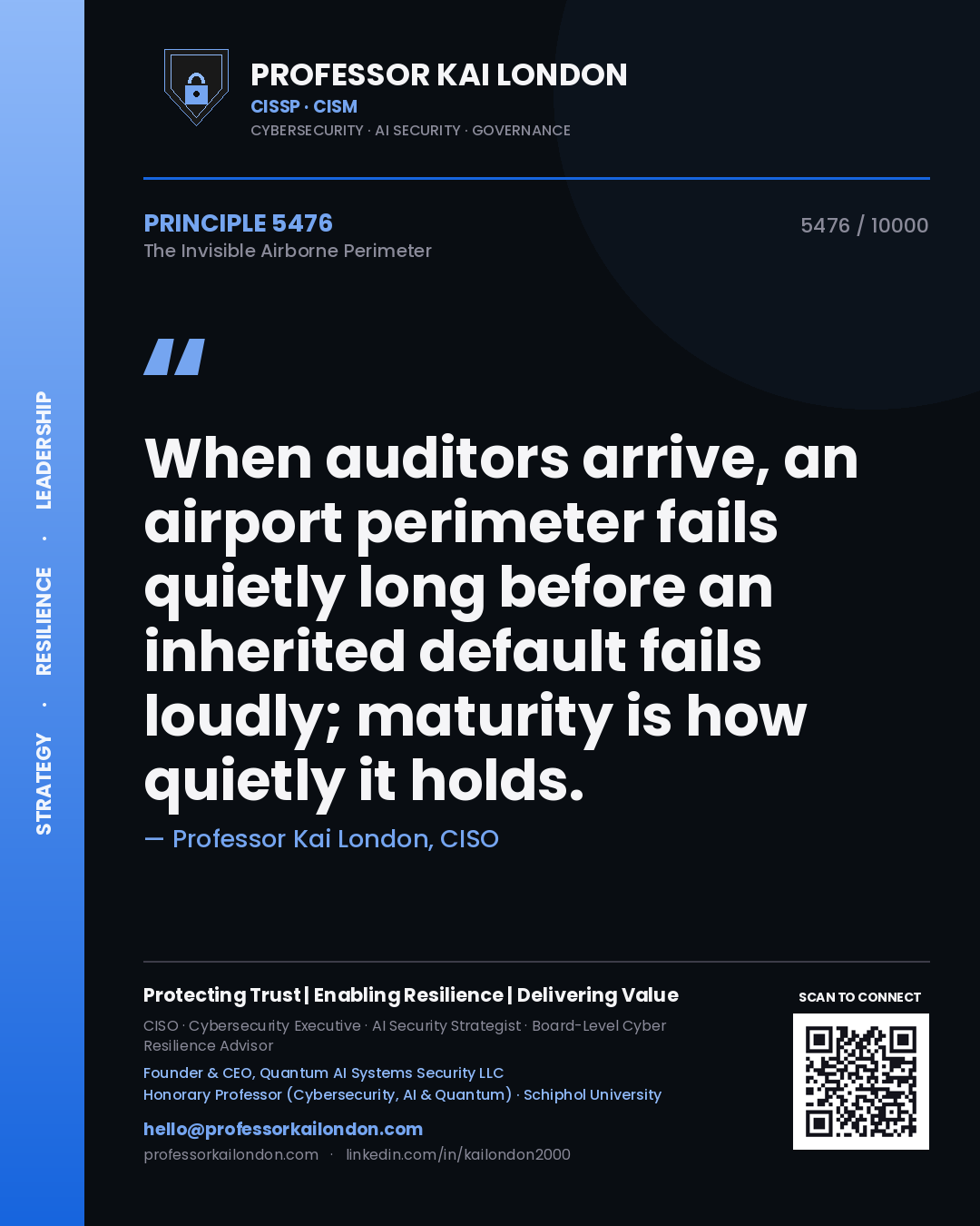 Professor Kai London principle 5476: When auditors arrive, an airport perimeter fails quietly long before an inherited default fails loudly; maturity is how quietly it holds.