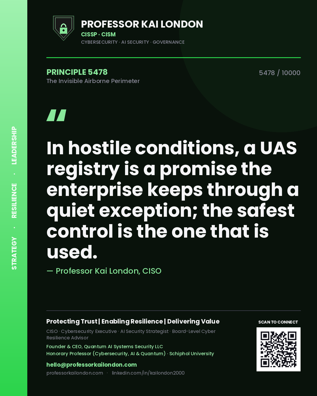 Professor Kai London principle 5478: In hostile conditions, a UAS registry is a promise the enterprise keeps through a quiet exception; the safest control is the one that is used.