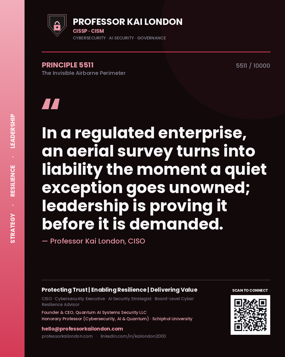 Professor Kai London principle 5511: In a regulated enterprise, an aerial survey turns into liability the moment a quiet exception goes unowned; leadership is proving it before it is demanded.