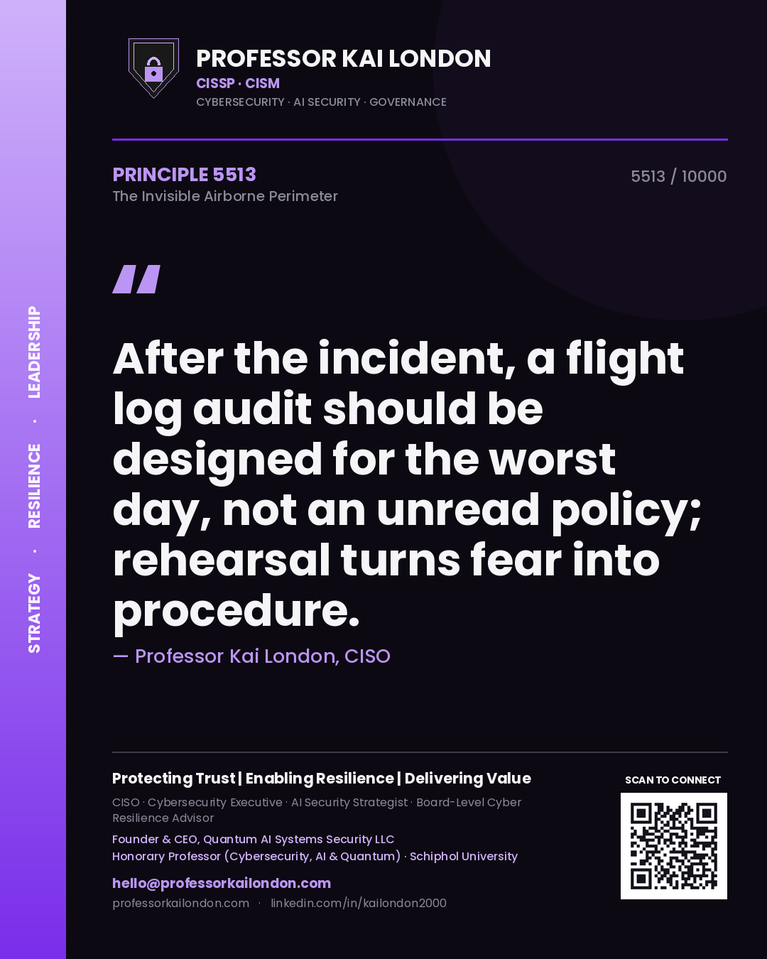 Professor Kai London principle 5513: After the incident, a flight log audit should be designed for the worst day, not an unread policy; rehearsal turns fear into procedure.