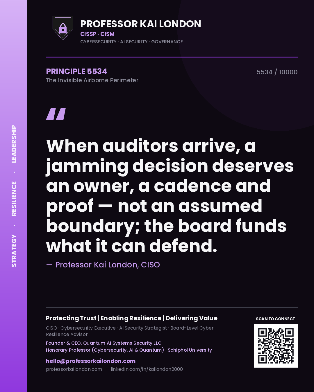 Quote card by Professor Kai London reading 'When auditors arrive, a jamming decision deserves an owner, a cadence and proof — not an assumed boundary; the board funds what it can defend.'. From the book The Invisible Airborne Perimeter.