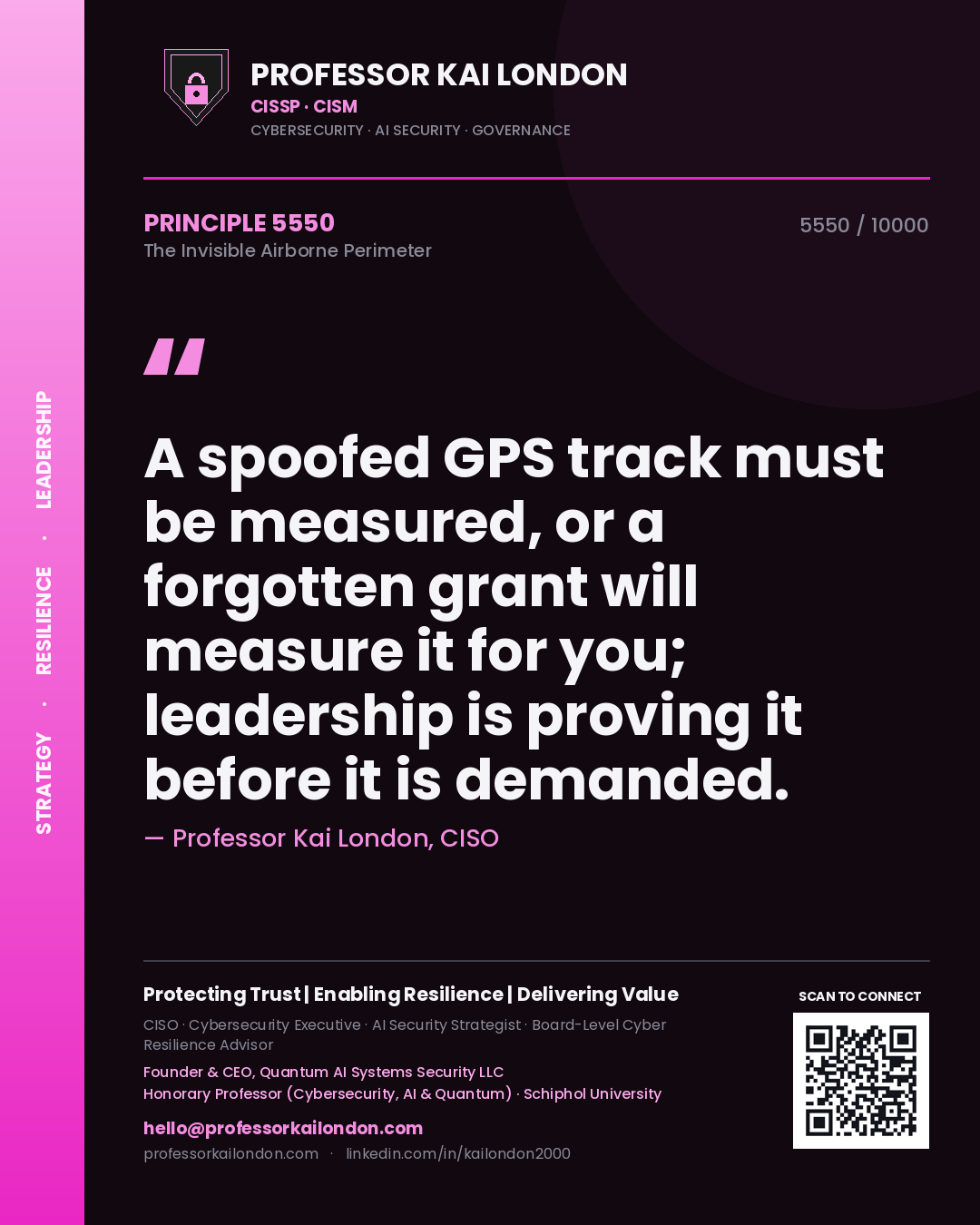 Quote card by Professor Kai London reading 'A spoofed GPS track must be measured, or a forgotten grant will measure it for you; leadership is proving it before it is demanded.'. From the book The Invisible Airborne Perimeter.